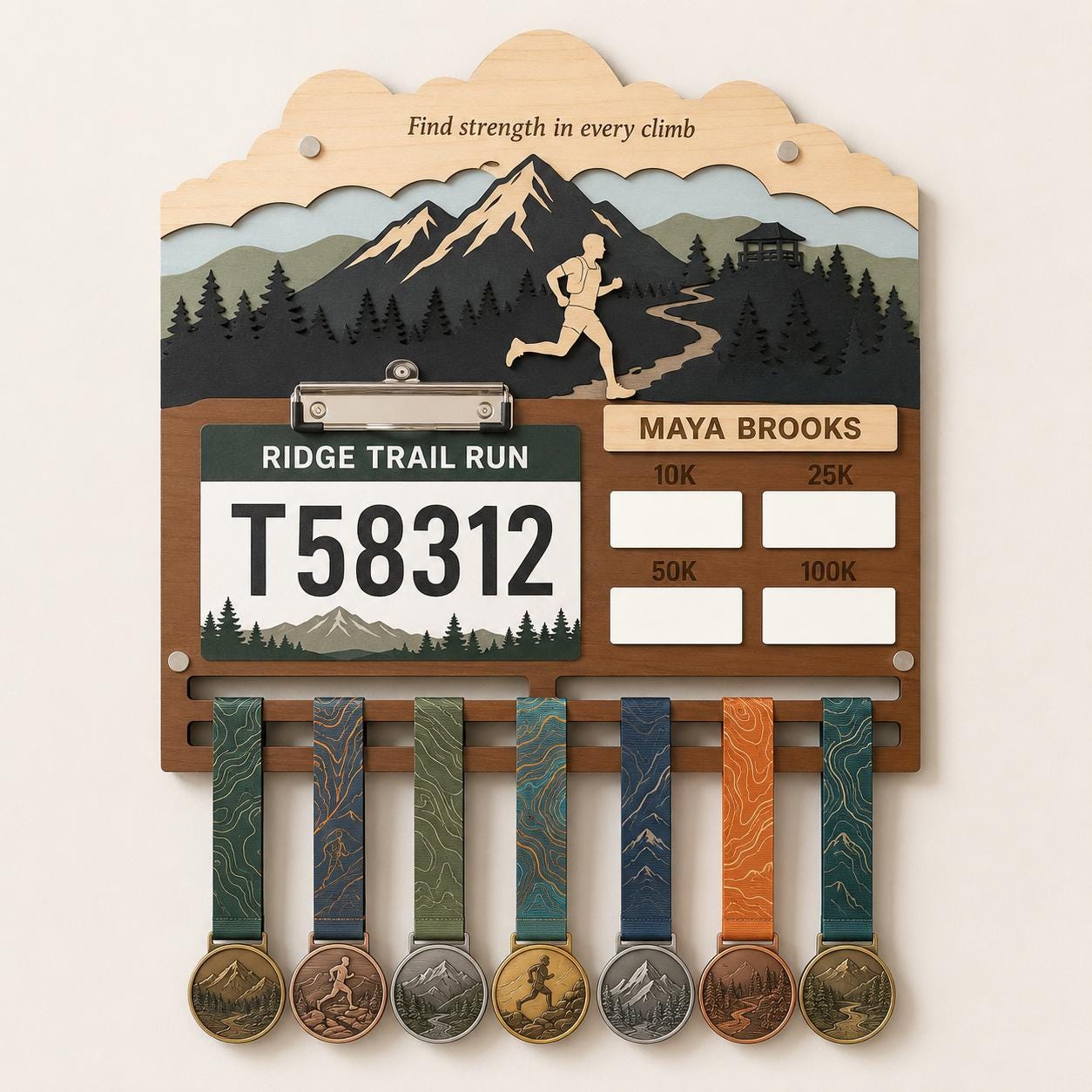 Trail Running Medal Holder with Race Bib Display – 50K Trail Race Medal Hanger