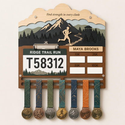 Trail Running Medal Holder with Race Bib Display – 50K Trail Race Medal Hanger