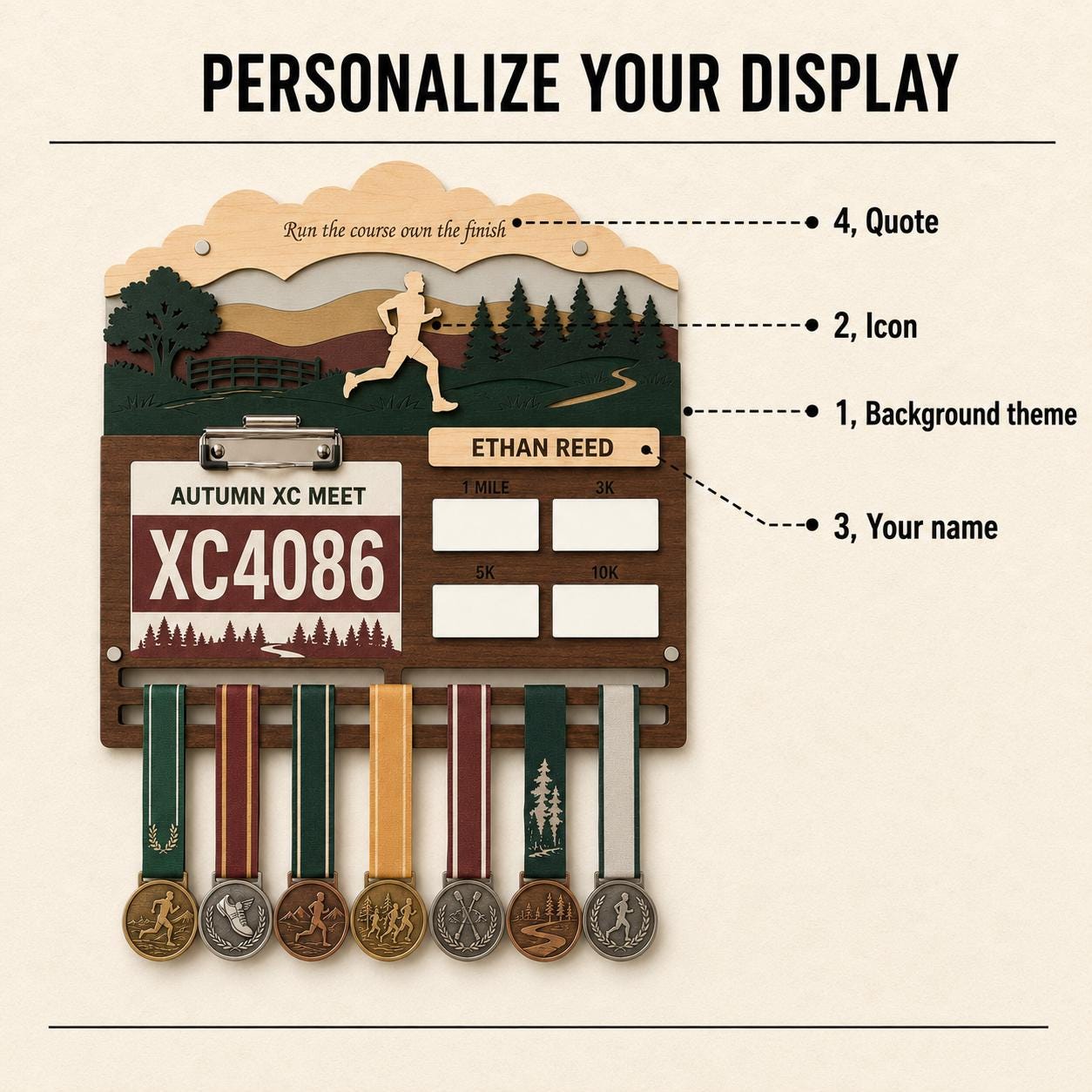Cross Country Medal Holder with Race Bib Display – XC Track and Field Medal Hanger