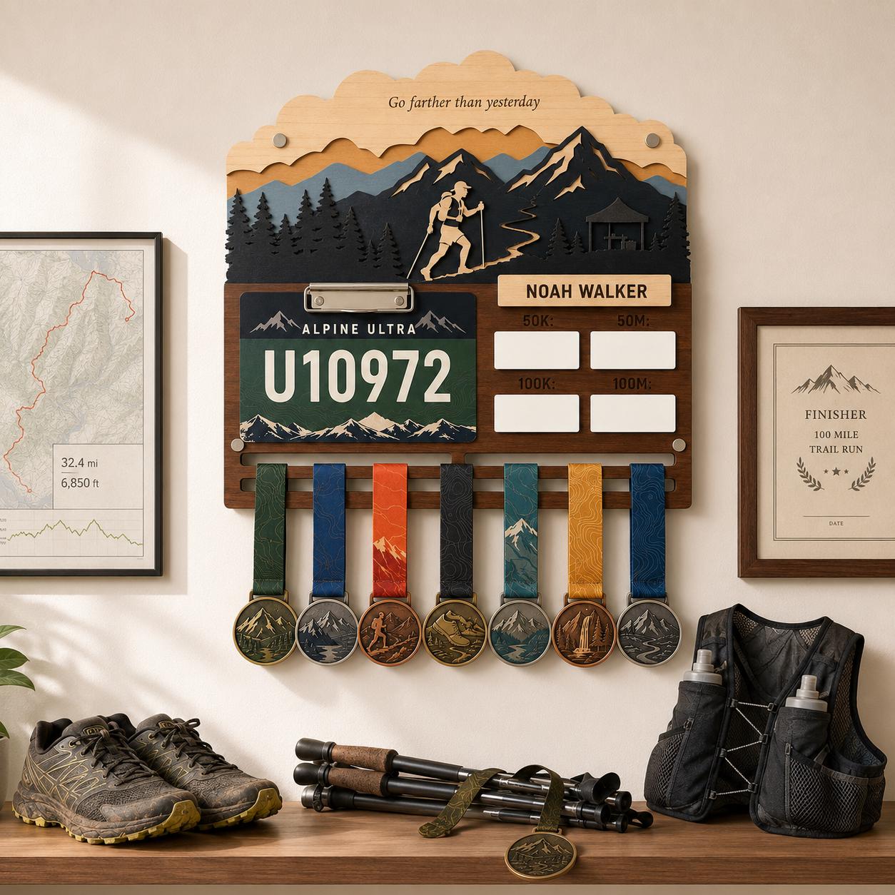 Ultra Runner Medal Holder with Race Bib Display – 100K 100 Mile Ultramarathon Medal Hanger