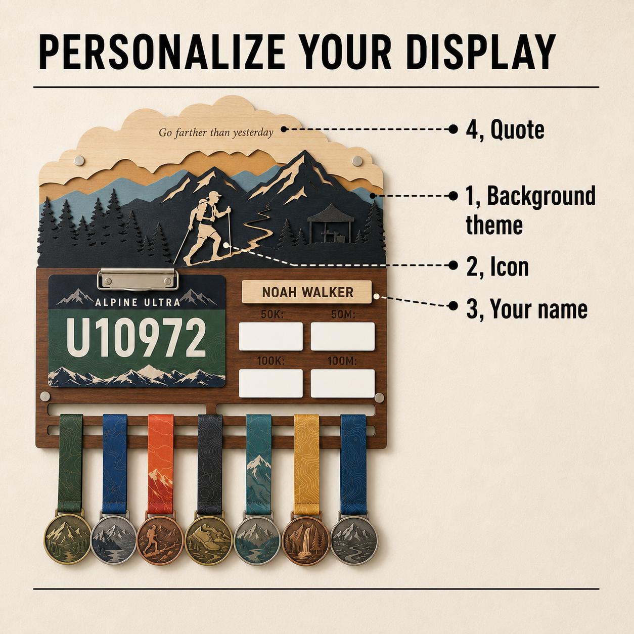 Ultra Runner Medal Holder with Race Bib Display – 100K 100 Mile Ultramarathon Medal Hanger