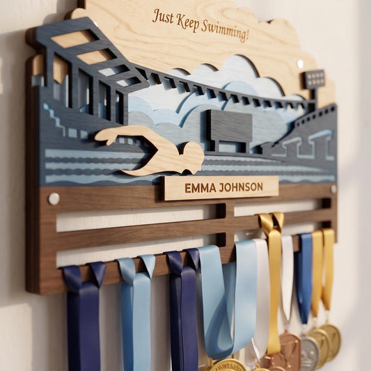 Swimming Medal Holder Personalized – Custom Swim Medal Hanger with Name