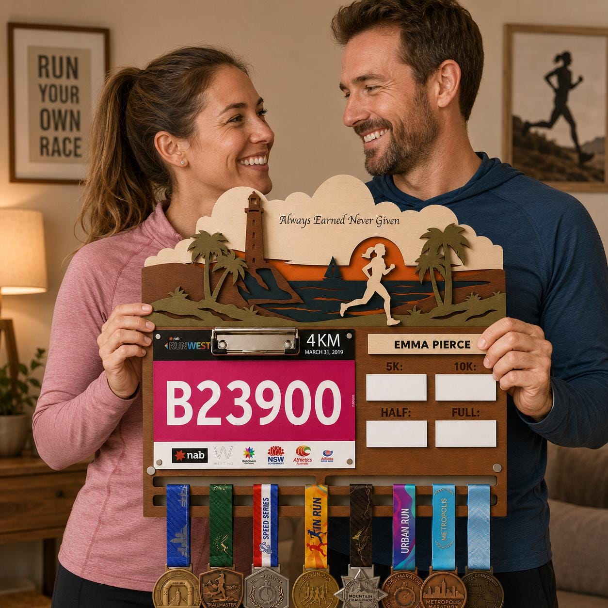 Coastal Runner Medal Hanger with PR Tracker – Seaside Race Bib Display