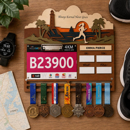 Coastal Runner Medal Hanger with PR Tracker – Seaside Race Bib Display