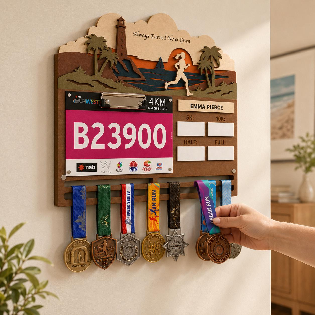 Coastal Runner Medal Hanger with PR Tracker – Seaside Race Bib Display