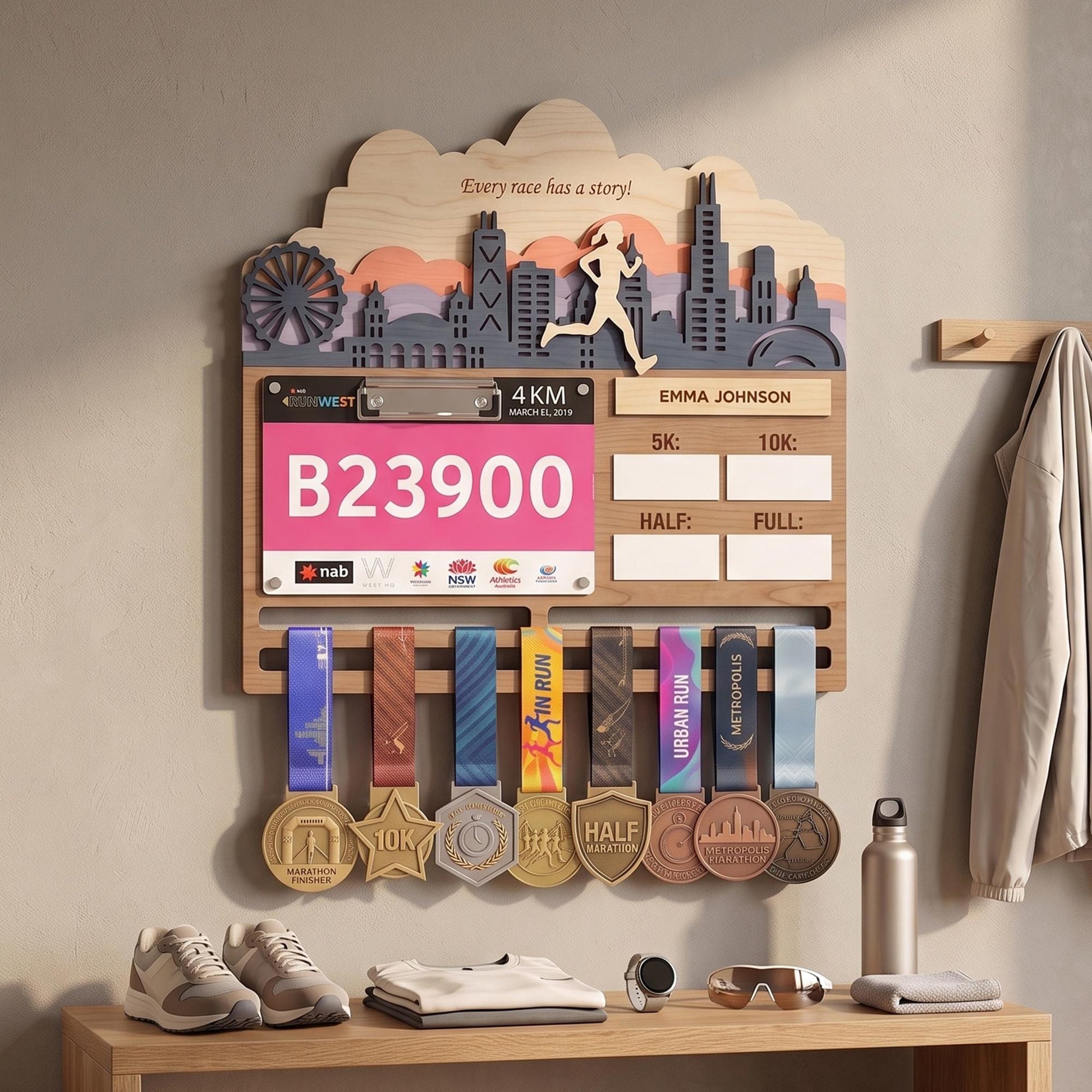 Philly Runner Medal Hanger – City Skyline Race Bib Display & PR Tracker