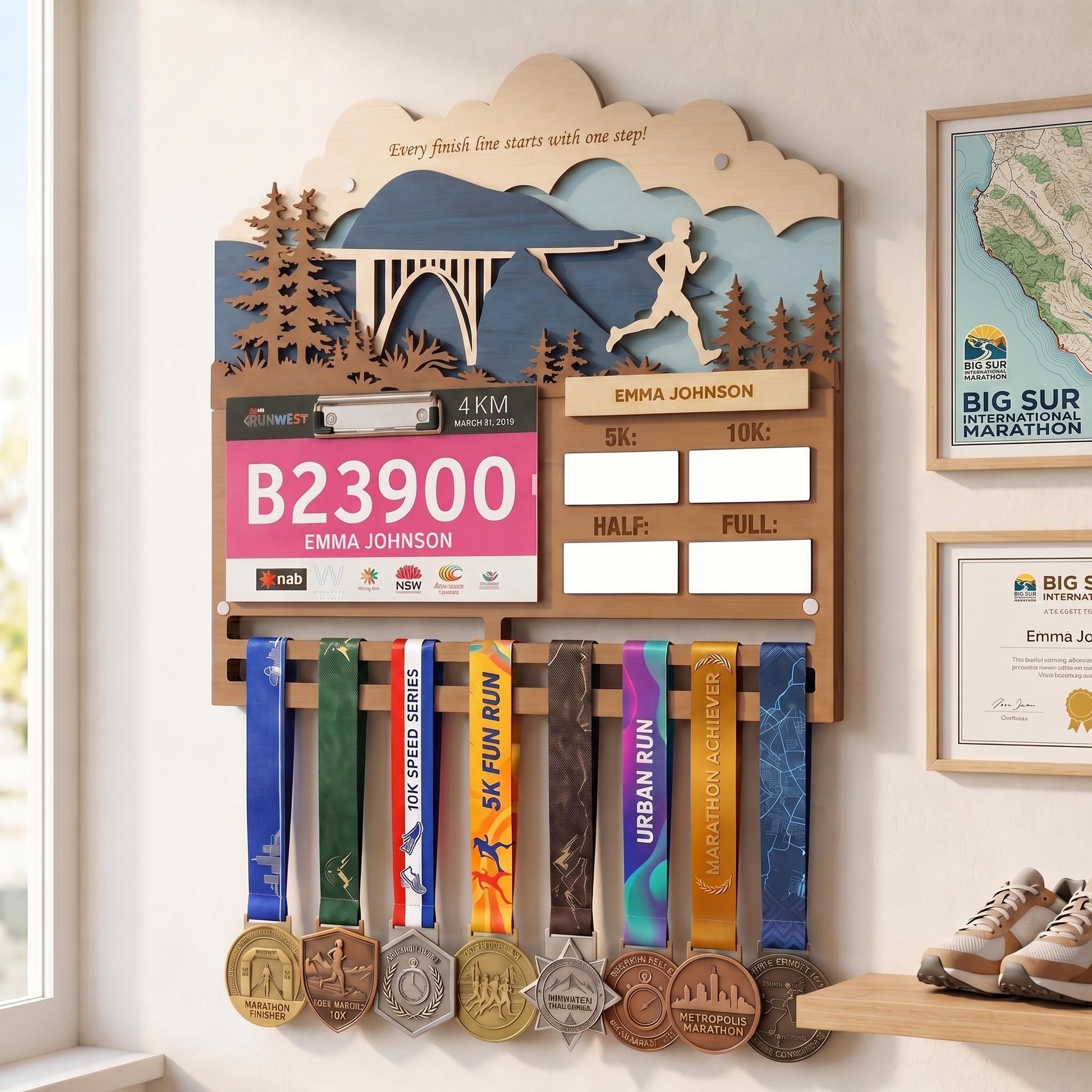 Coastal Bridge Running Medal Hanger – Bay Bridge Race Bib Display & PR Tracker