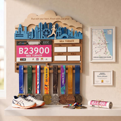 Chicago Runner Medal Hanger – Skyline Race Bib Display & PR Tracker