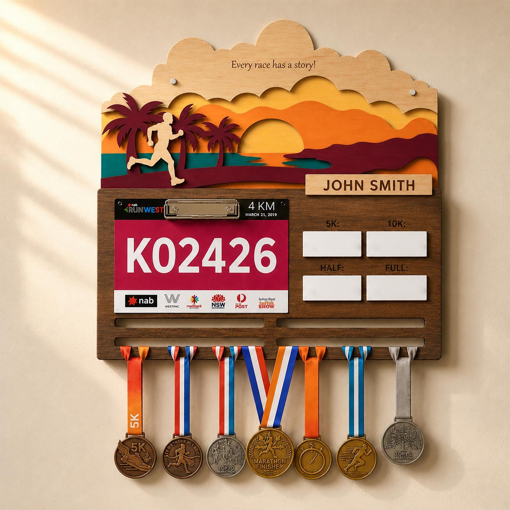 Beach Sunset Running Medal Hanger – Ocean Race Bib Display & PR Tracker