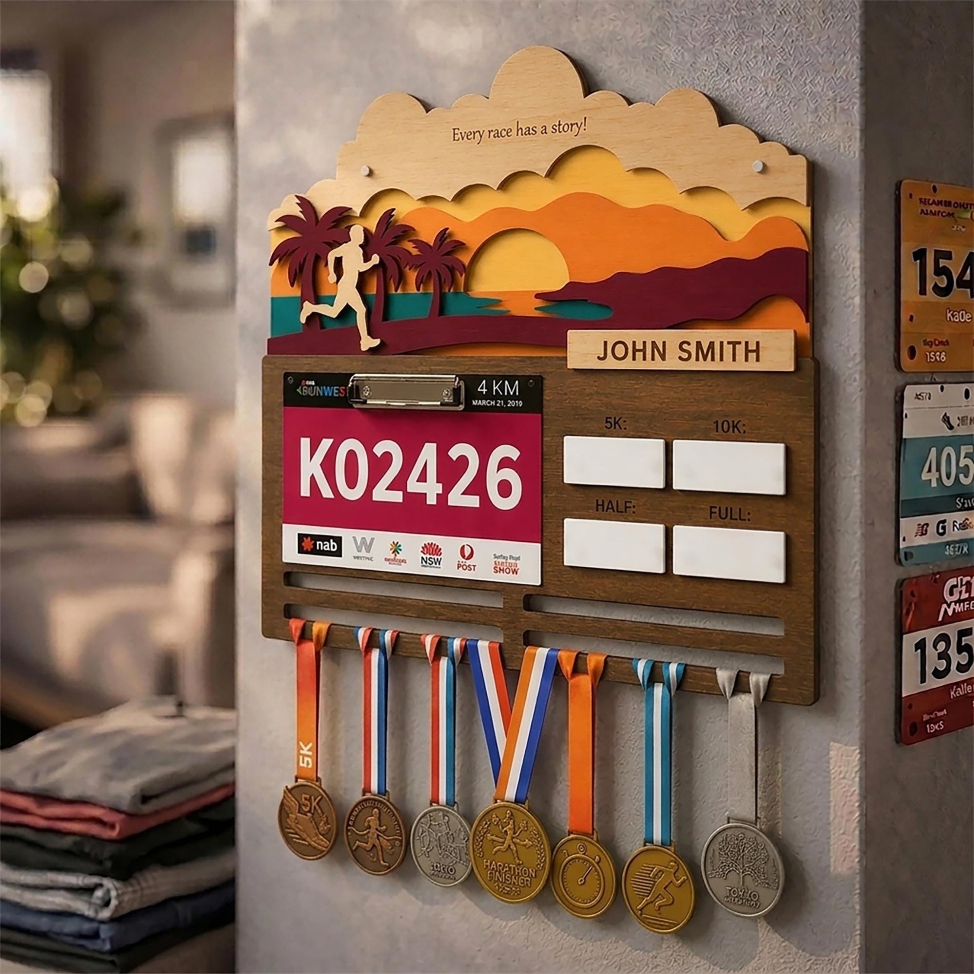 Beach Sunset Running Medal Hanger – Ocean Race Bib Display & PR Tracker