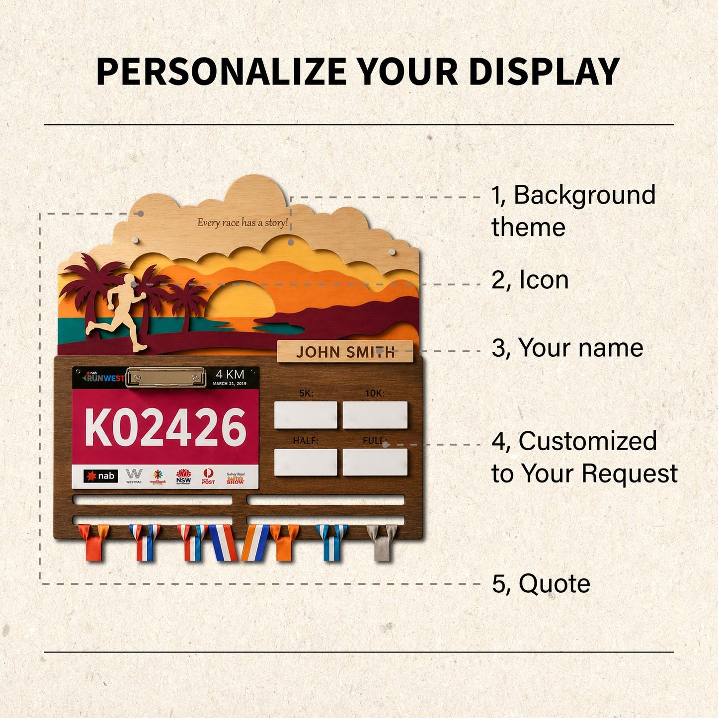 Beach Sunset Running Medal Hanger – Ocean Race Bib Display & PR Tracker