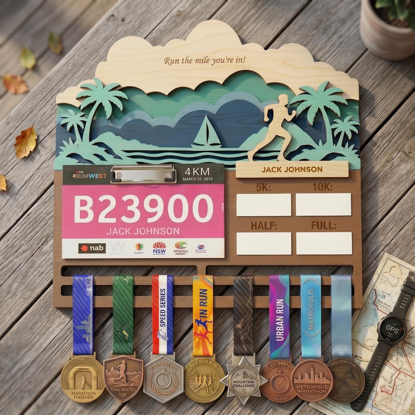 Coastal Running Medal Holder with Race Bib Display – Beach Marathon Medal Hanger