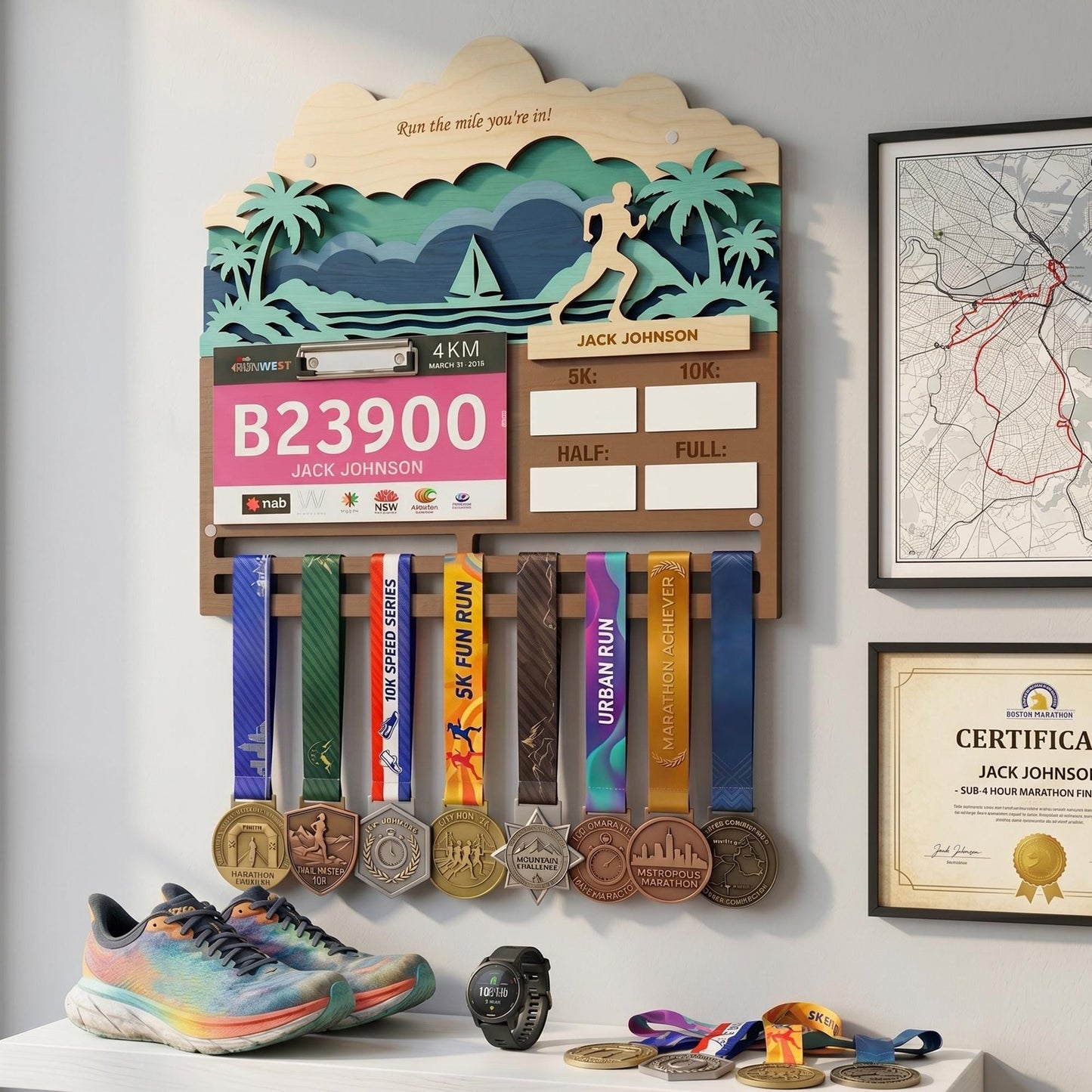 Coastal Running Medal Holder with Race Bib Display – Beach Marathon Medal Hanger