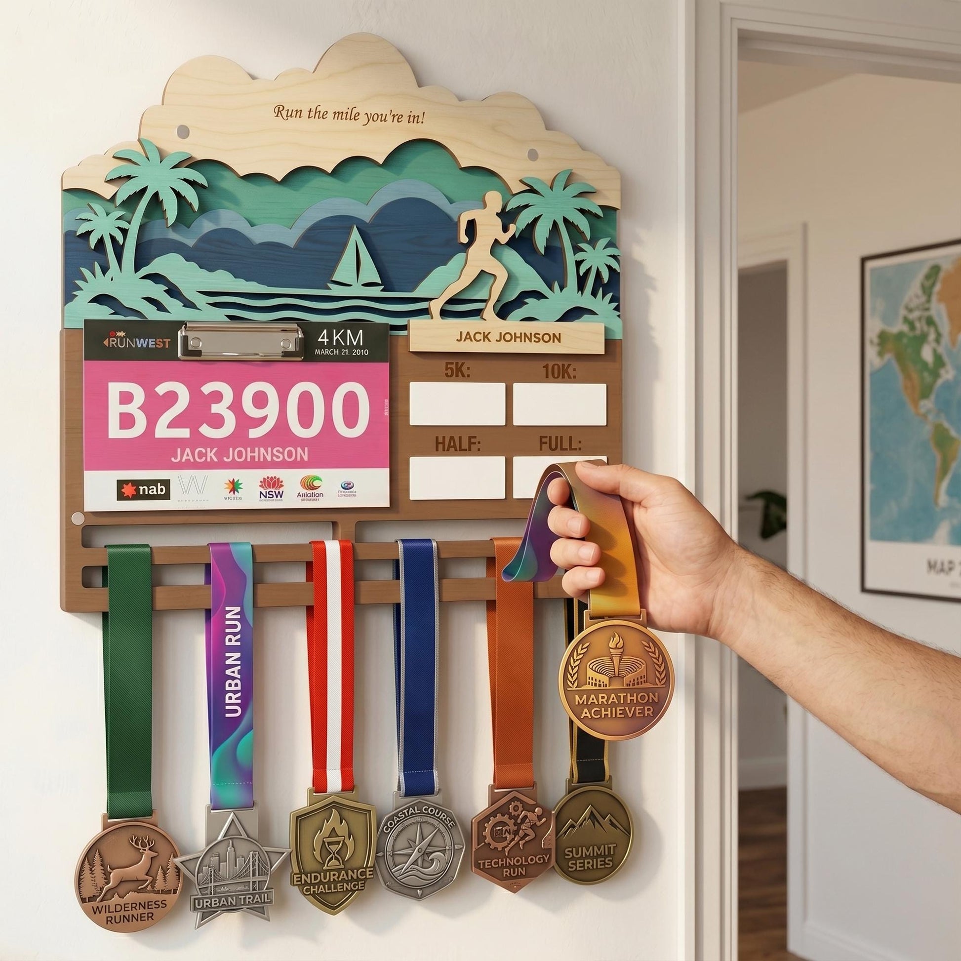 Coastal Running Medal Holder with Race Bib Display – Beach Marathon Medal Hanger