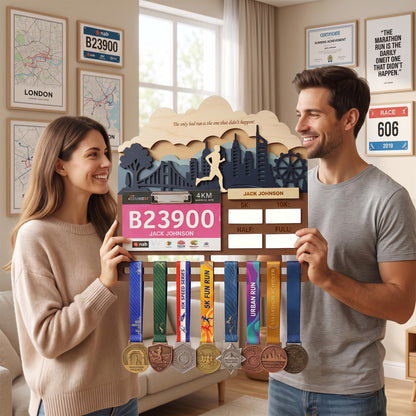 Running Medal Holder with Race Bib Display – Personalized City Marathon Medal Hanger