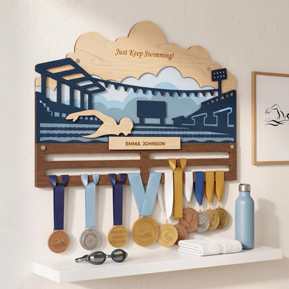 Swimming Medal Holder Personalized – Custom Swim Medal Hanger with Name