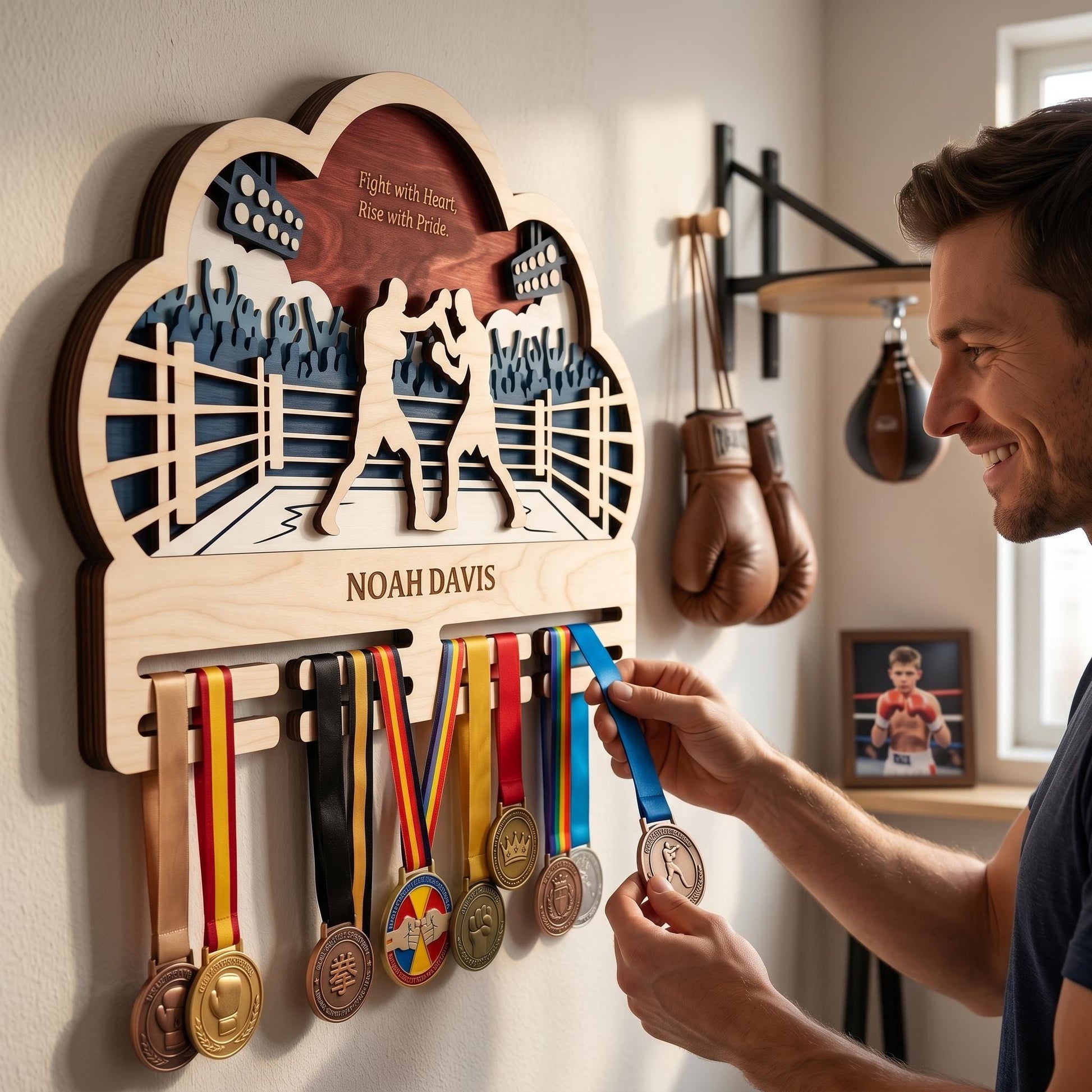 Boxing Medal Holder Personalized – Custom Fighter Medal Display with Name