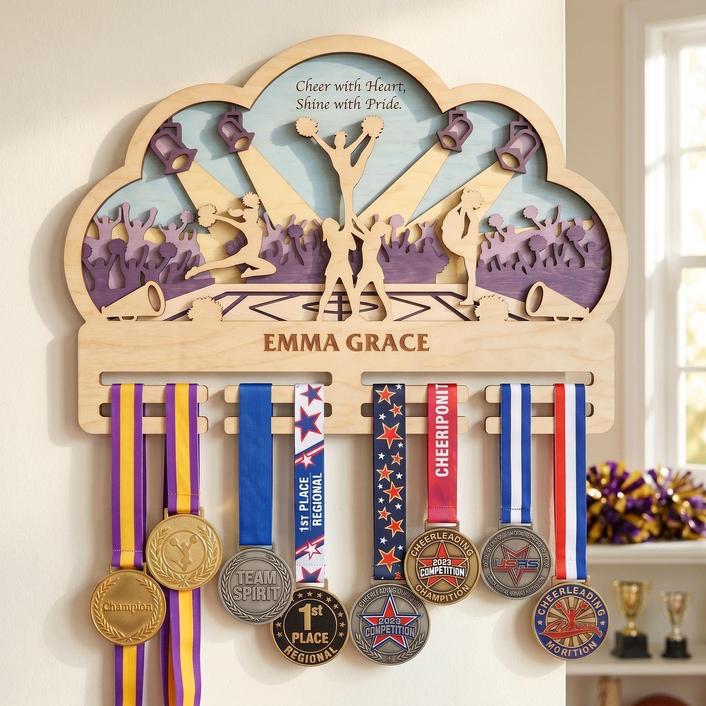 Cheer Medal Holder Personalized – Custom Cheerleader Medal Hanger & Bow Holder