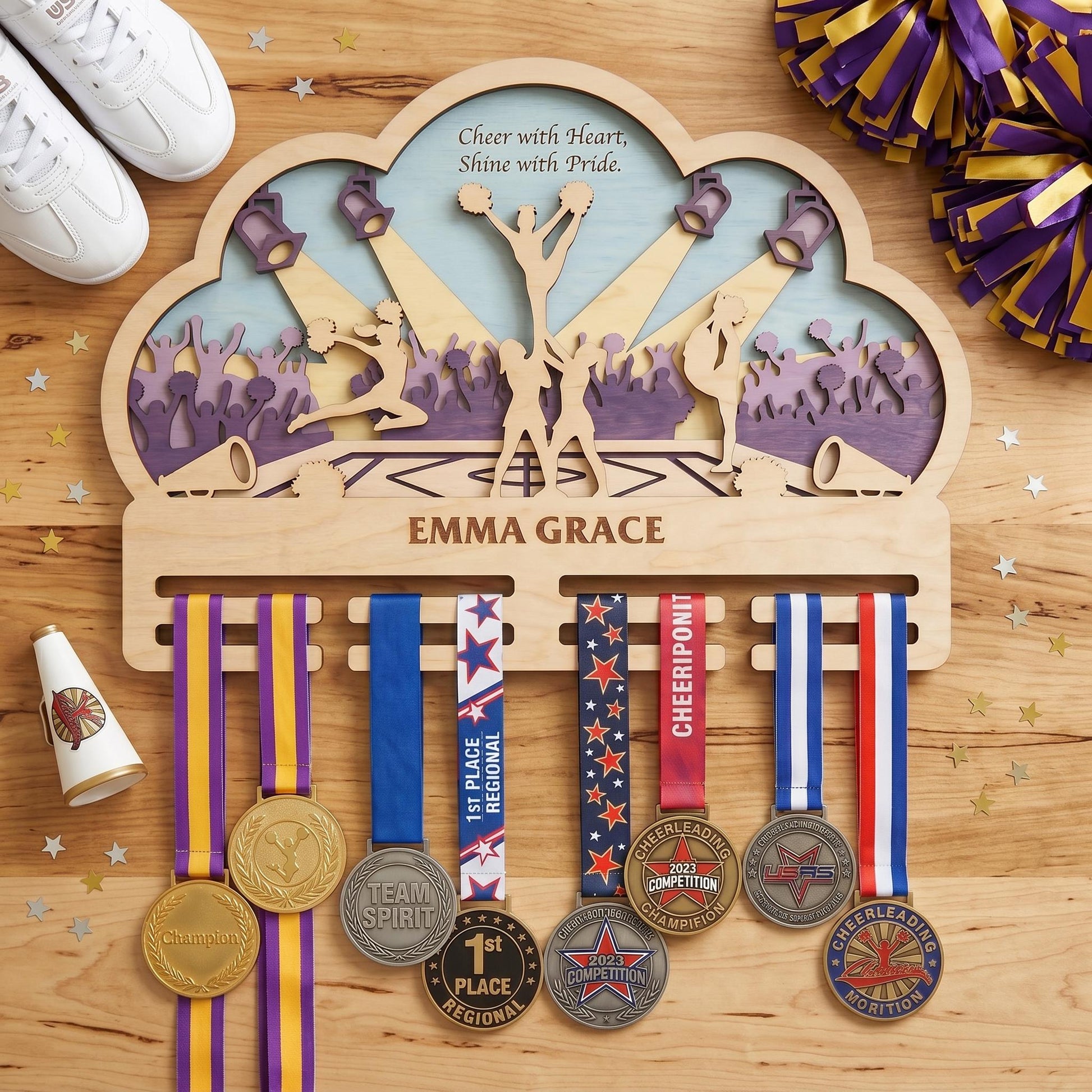 Cheer Medal Holder Personalized – Custom Cheerleader Medal Hanger & Bow Holder