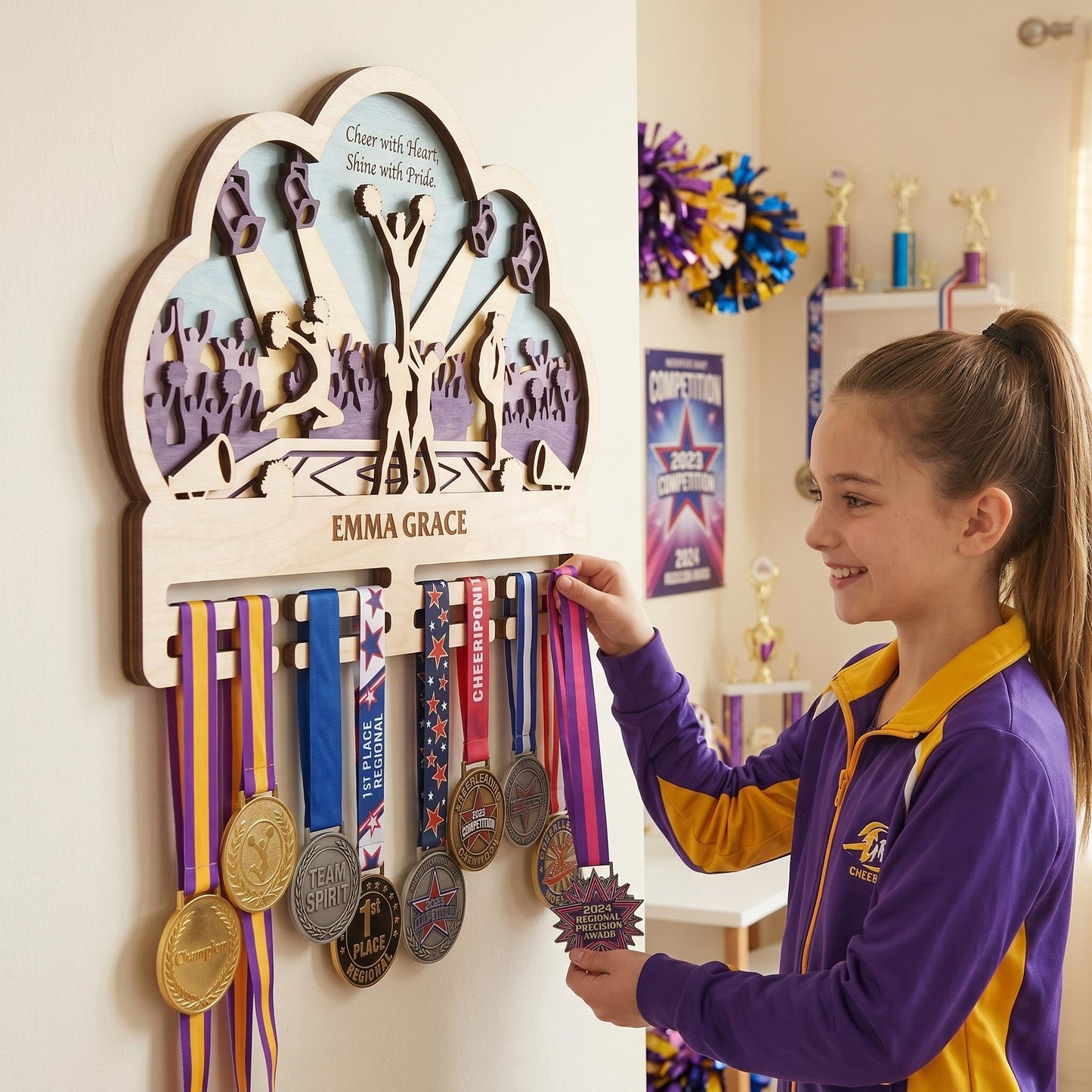 Cheer Medal Holder Personalized – Custom Cheerleader Medal Hanger & Bow Holder