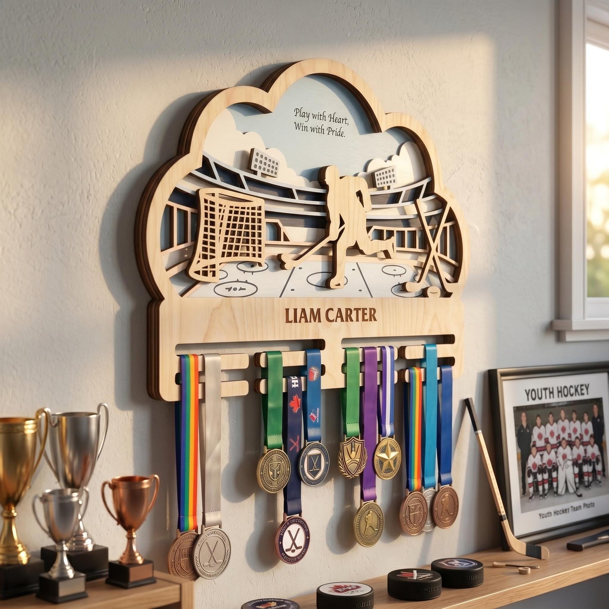 Hockey Medal Holder Personalized – Ice Hockey Medal Hanger with Name