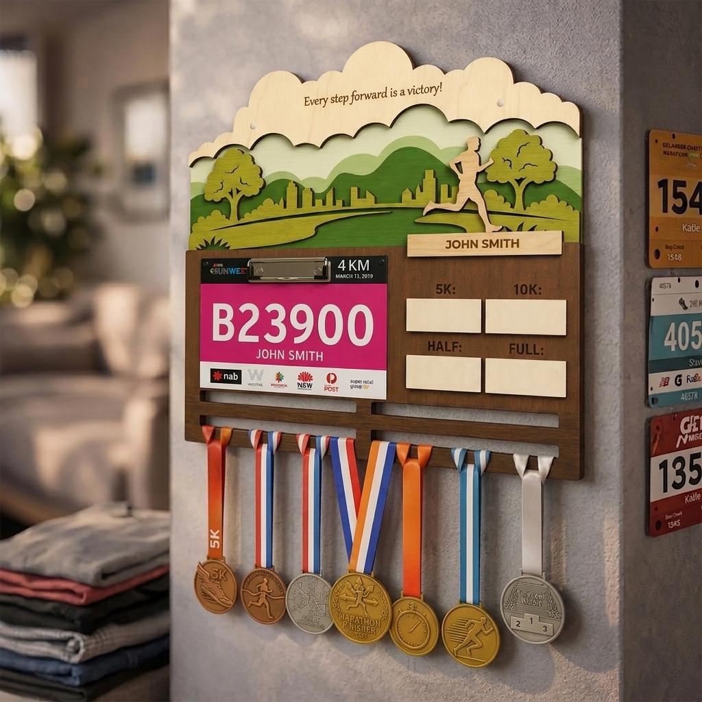 Urban Runner Medal Holder with Race Bib Display – Downtown City Marathon Medal Hanger