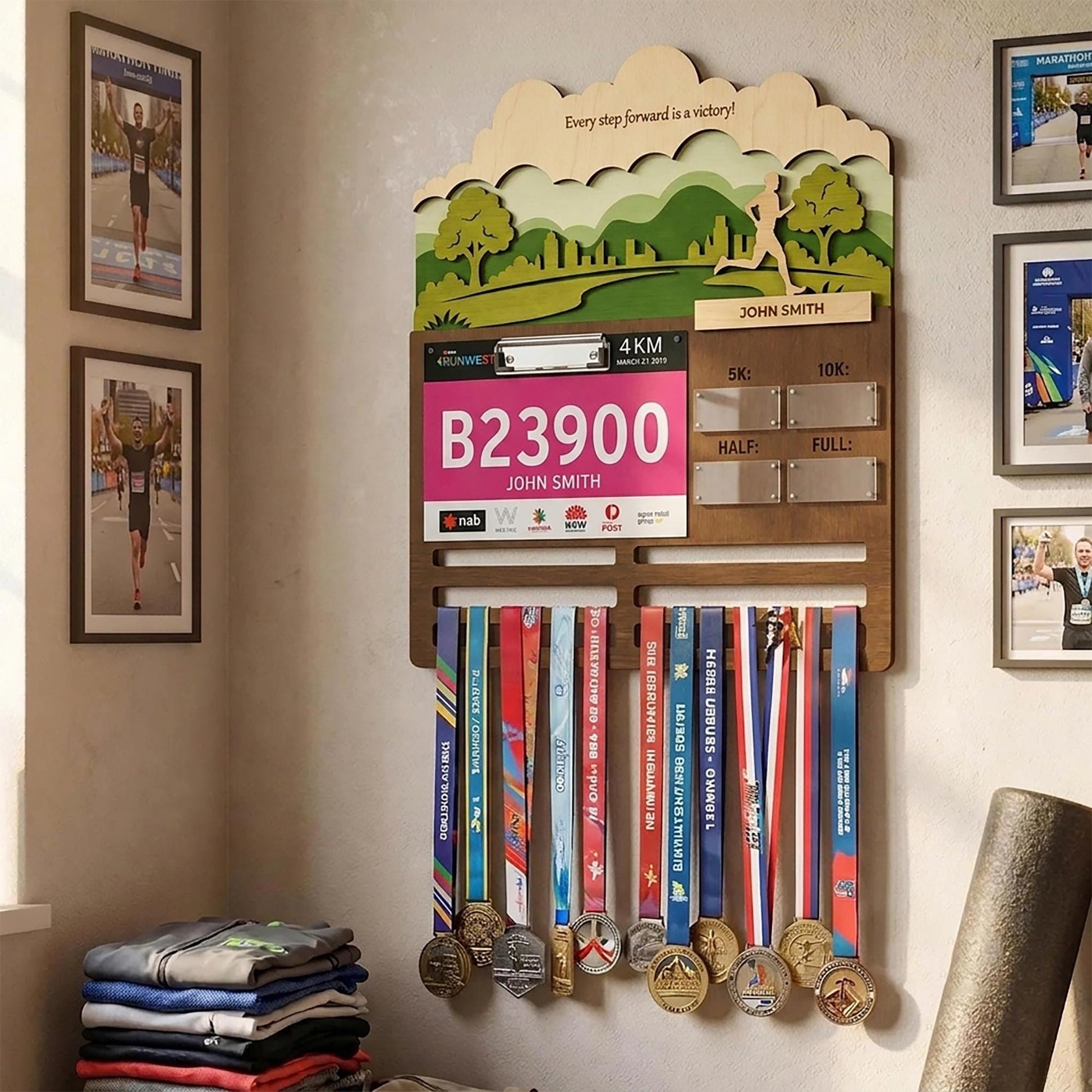 Urban Runner Medal Holder with Race Bib Display – Downtown City Marathon Medal Hanger