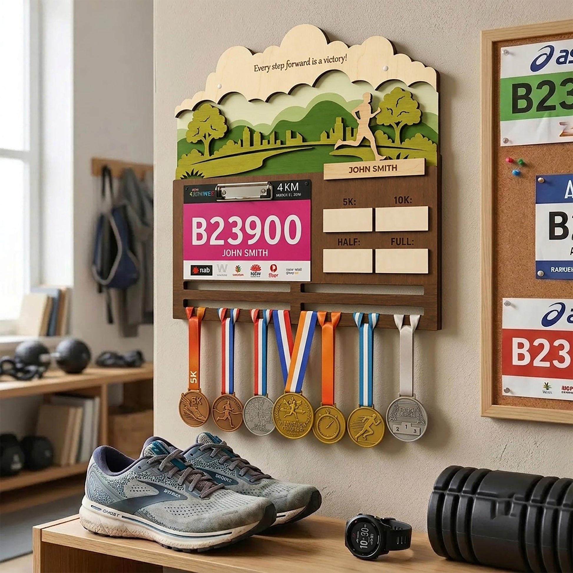 Urban Runner Medal Holder with Race Bib Display – Downtown City Marathon Medal Hanger