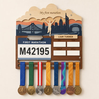 First Marathon Medal Hanger Personalized – My First 26.2 Race Bib Display & Tracker