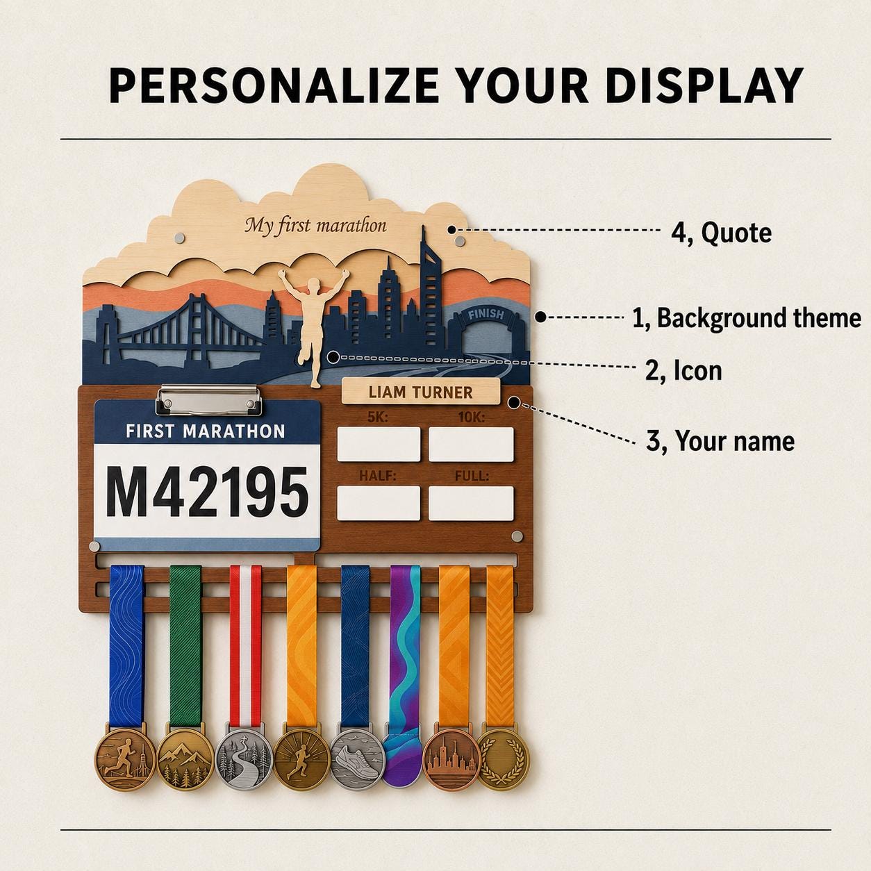 First Marathon Medal Hanger Personalized – My First 26.2 Race Bib Display & Tracker