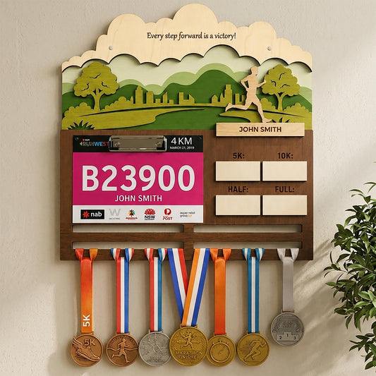 Urban Runner Medal Holder with Race Bib Display – Downtown City Marathon Medal Hanger