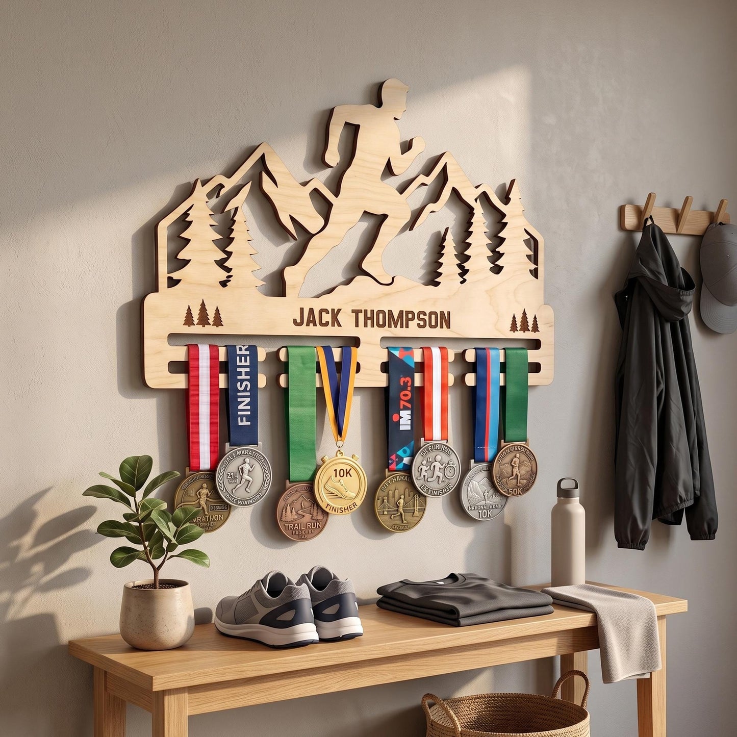 Trail Runner Medal Display Wood – Personalized Mountain Race Medal Rack