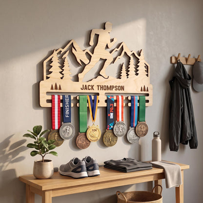 Trail Runner Medal Display Wood – Personalized Mountain Race Medal Rack