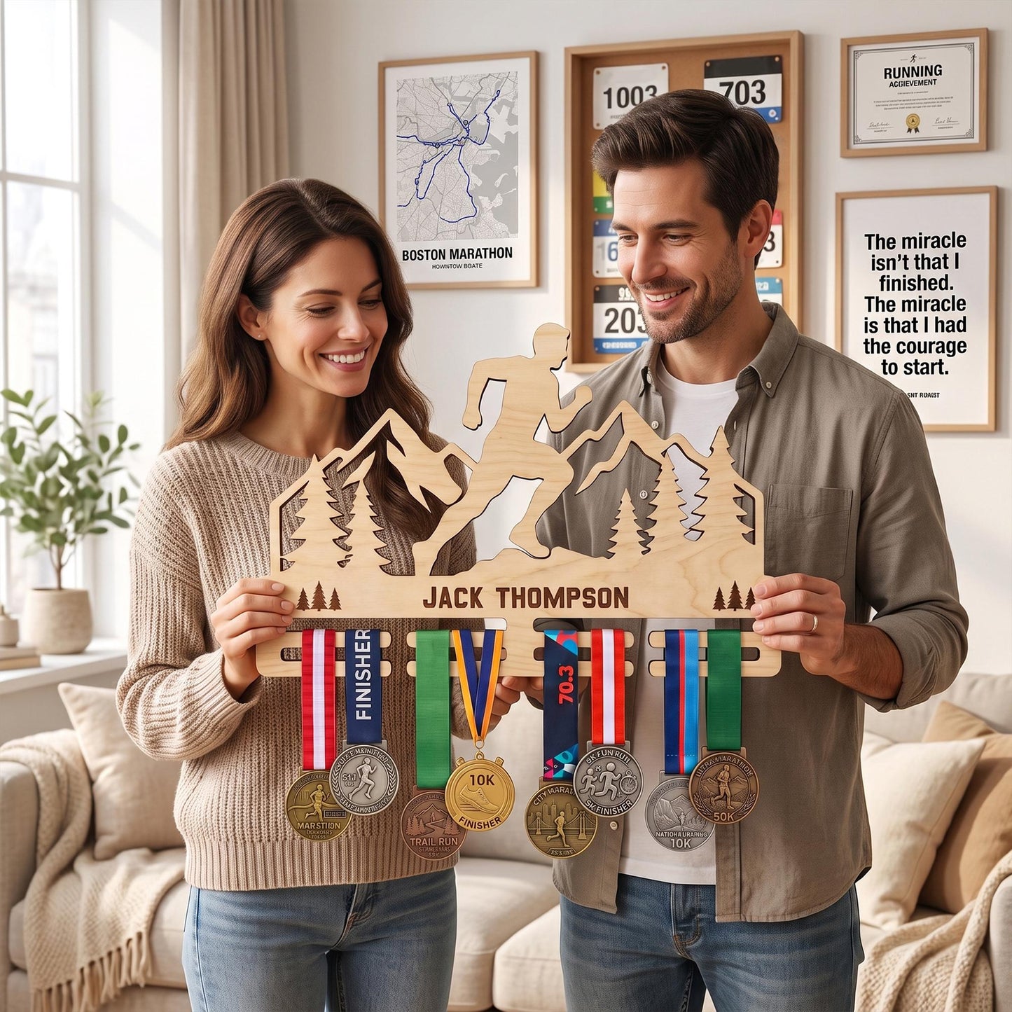 Trail Runner Medal Display Wood – Personalized Mountain Race Medal Rack