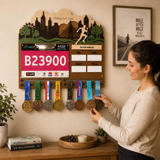 Running Medal Hanger for Him – Race Bib Display & PR Tracker