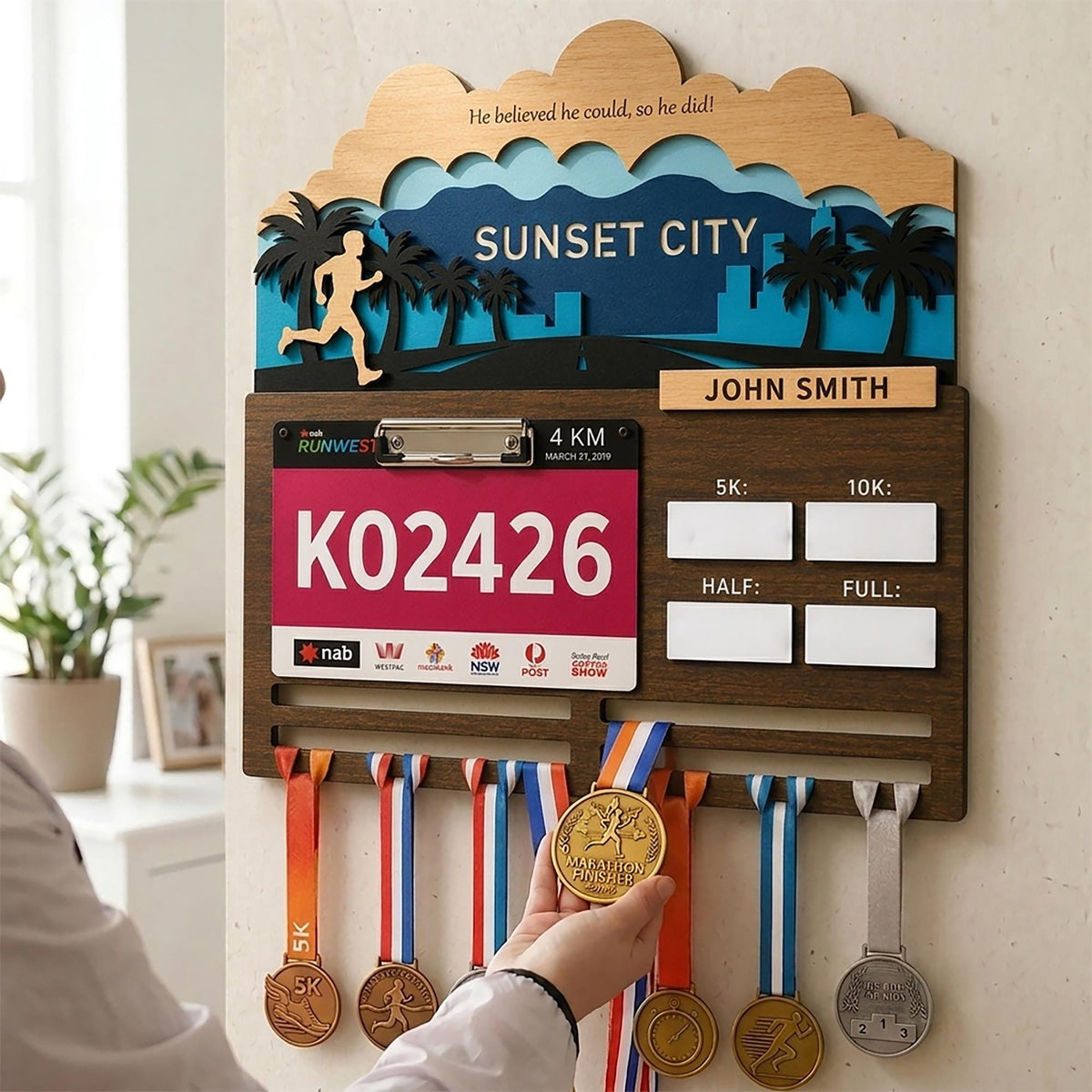 City skyline running medal hanger with race bib holder