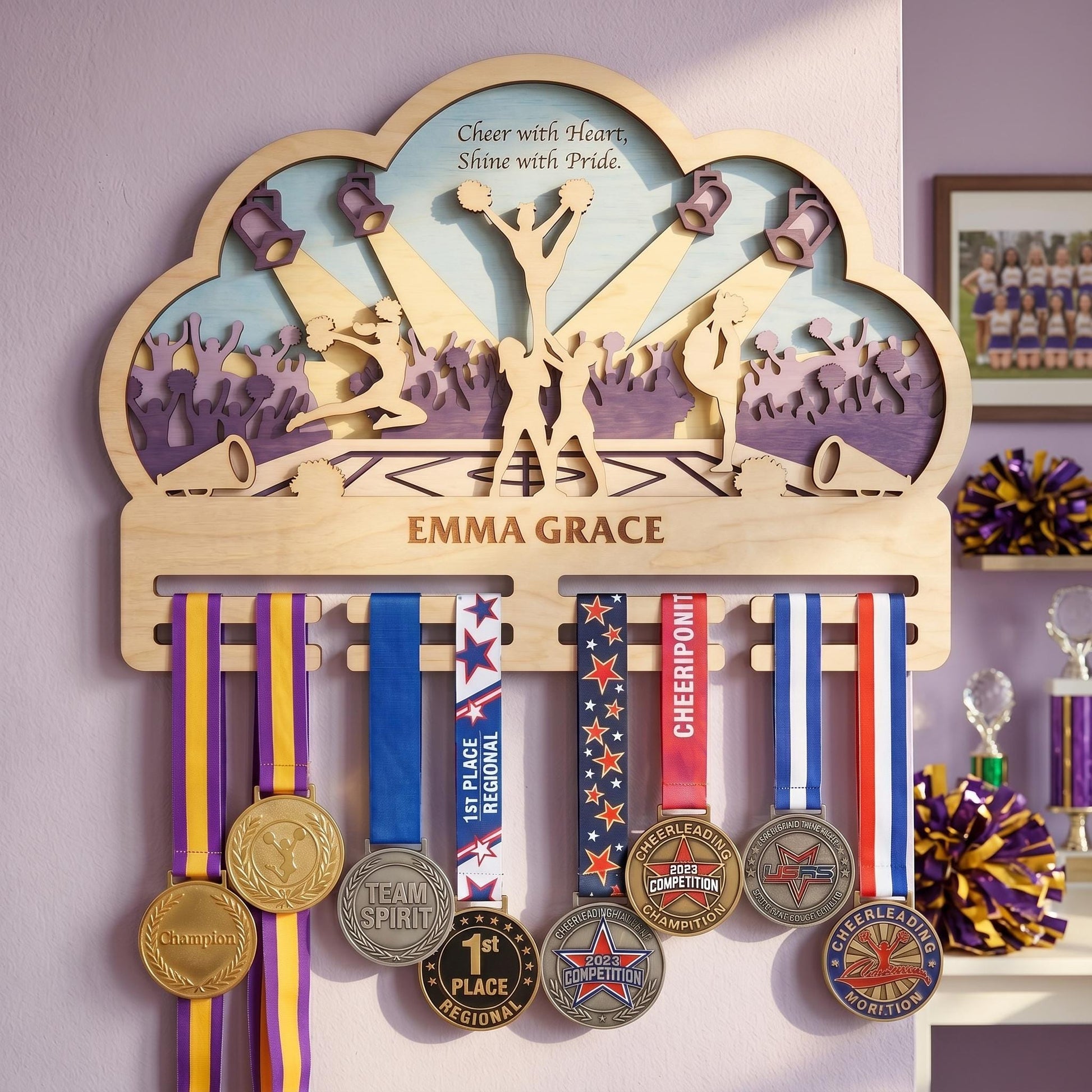 Cheer Medal Holder Personalized – Custom Cheerleader Medal Hanger & Bow Holder