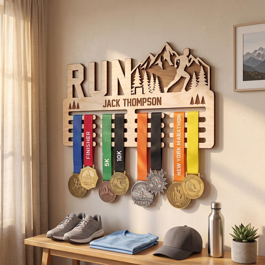 Rustic Wood Running Medal Hanger – Personalized Race Medal Display