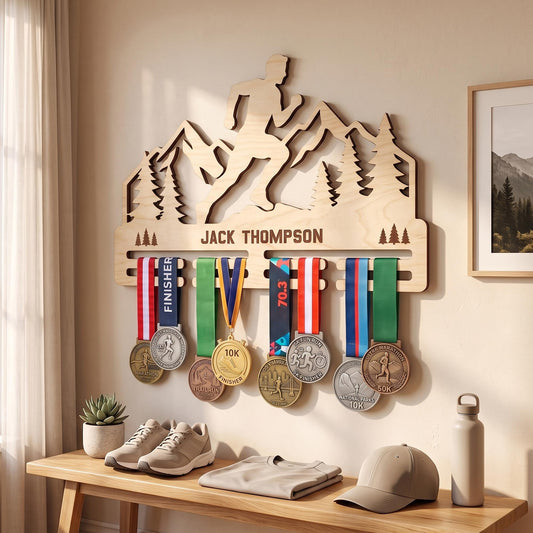 Trail Runner Medal Display Wood – Personalized Mountain Race Medal Rack