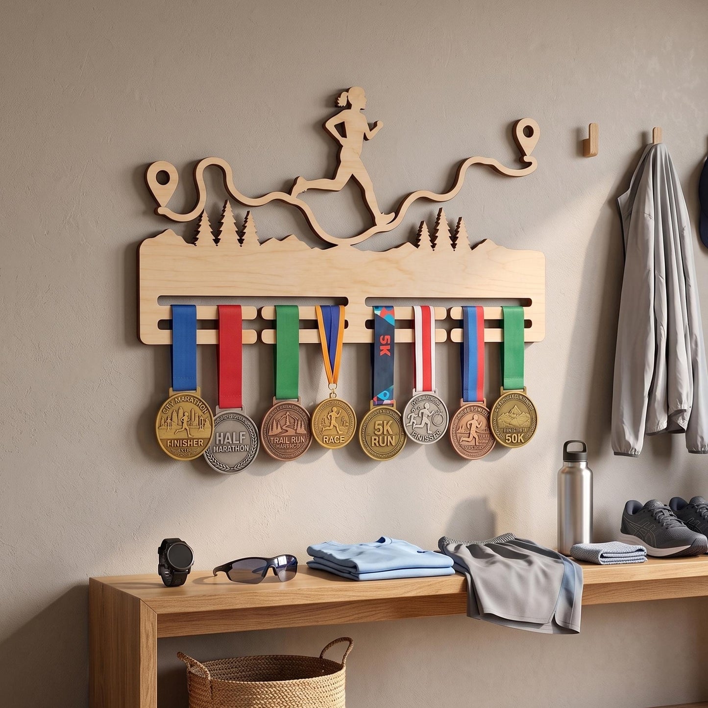 Compact Running Medal Hanger – Small Wood Runner Medal Display