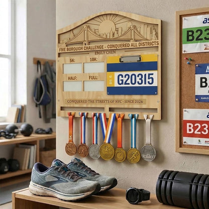 New York Runner Medal Holder with Race Bib Display – NYC 26.2 Skyline Medal Hanger