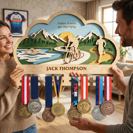 Personalized Triathlon Medal Holder – Swim Bike Run Medal Display