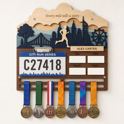 Name Medal Hanger for Runners – Personalized Running Medal Holder with Race Bib Display &