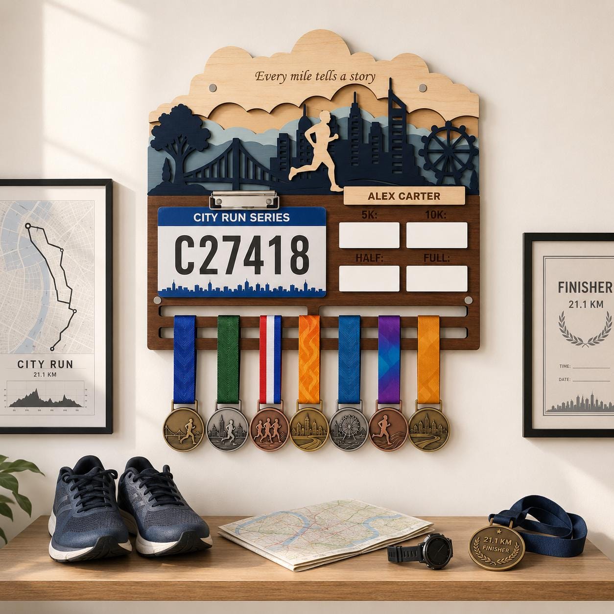 Name Medal Hanger for Runners – Personalized Running Medal Holder with Race Bib Display &