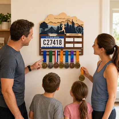 Name Medal Hanger for Runners – Personalized Running Medal Holder with Race Bib Display &