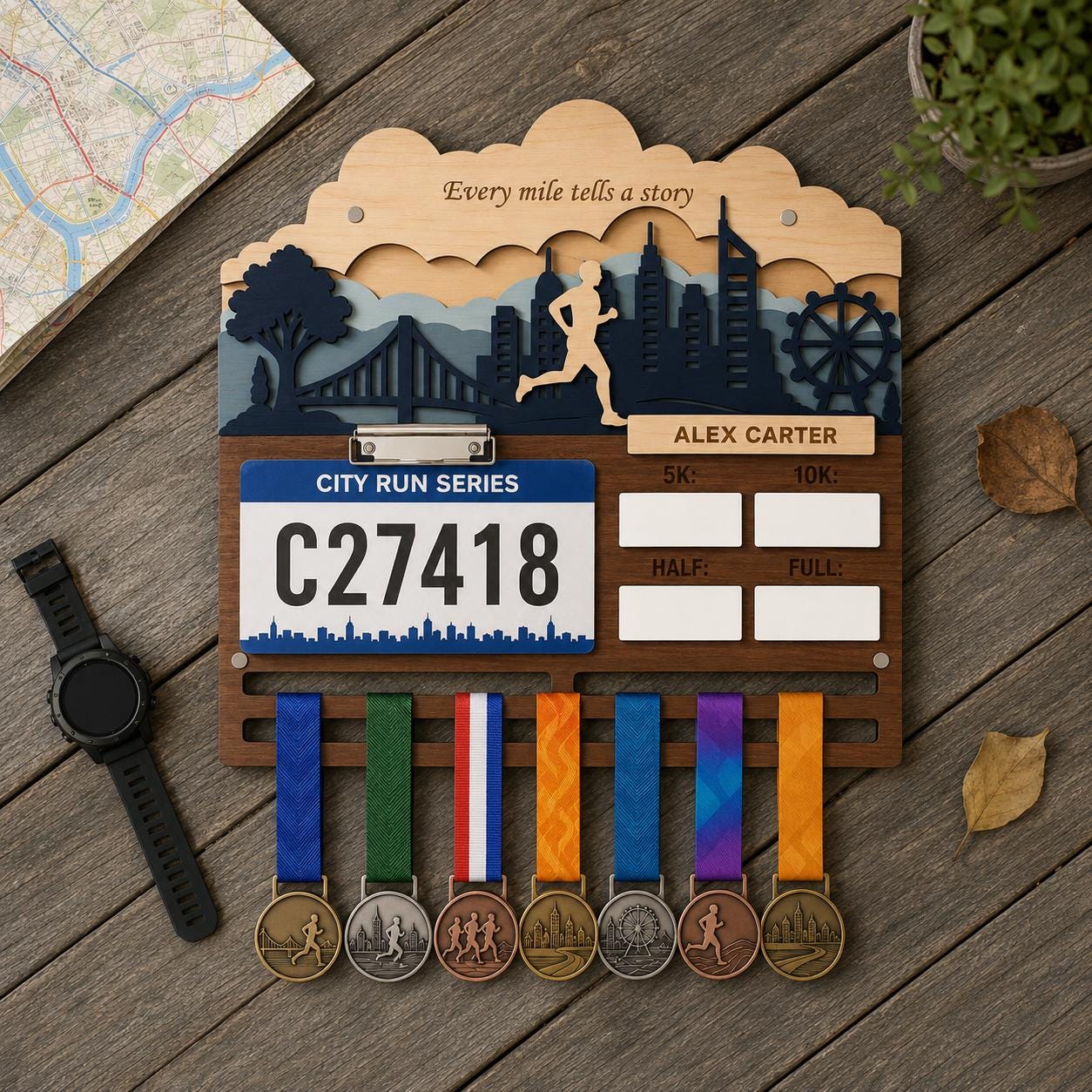 Name Medal Hanger for Runners – Personalized Running Medal Holder with Race Bib Display &