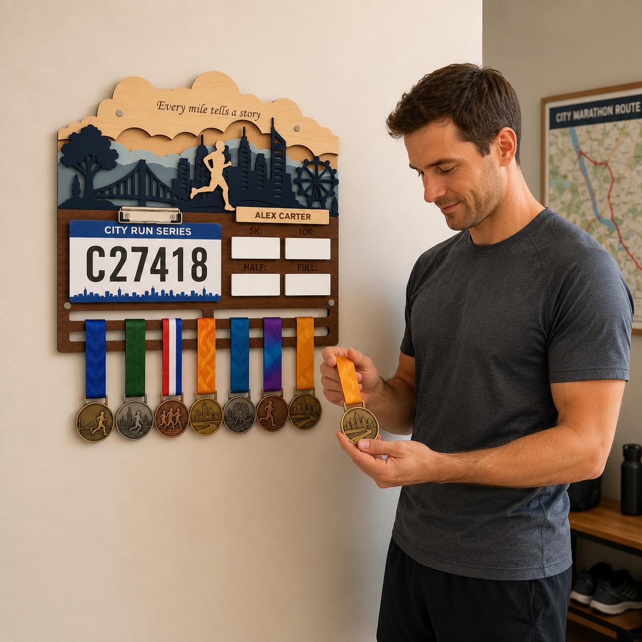Name Medal Hanger for Runners – Personalized Running Medal Holder with Race Bib Display &