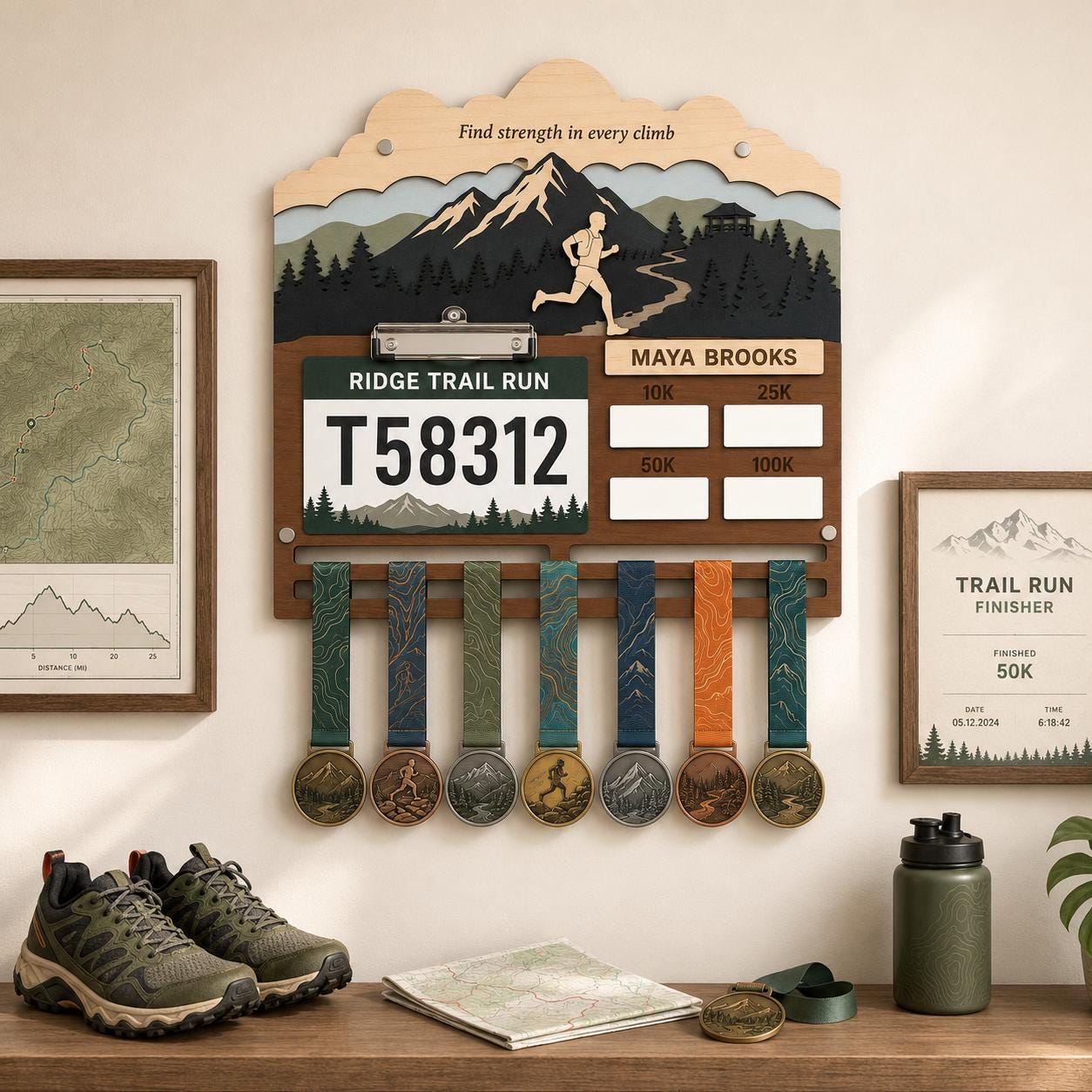 Trail Running Medal Holder with Race Bib Display – 50K Trail Race Medal Hanger