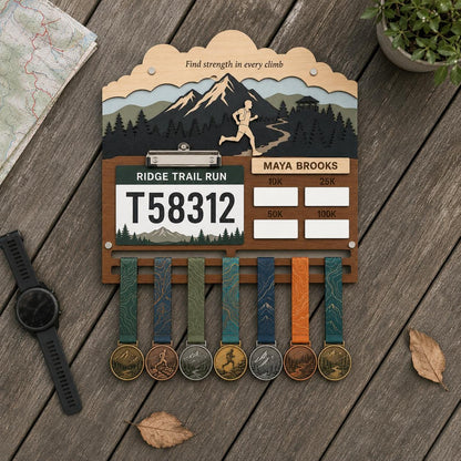 Trail Running Medal Holder with Race Bib Display – 50K Trail Race Medal Hanger
