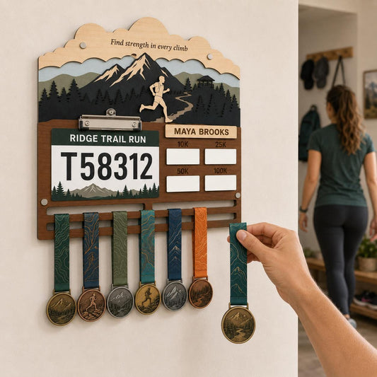 Trail Running Medal Holder with Race Bib Display – 50K Trail Race Medal Hanger